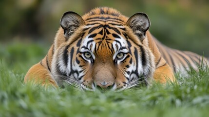Fototapeta premium A Siberian tiger resting in the grass, with its orange and black stripes contrasting against the green, on a white isolated background