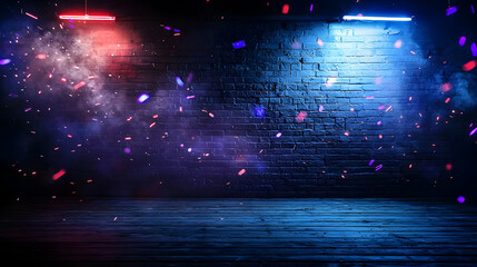 Dark Empty Room With Brick Wall Illuminated By Red And Blue Neon Lights Abstract Background With Smoke And Confetti