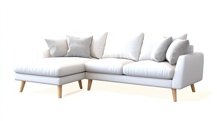 Modern white sectional sofa with chaise lounge and light gray cushions on a white background.