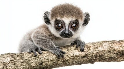 A baby lemur sitting on a tree branch, with wide, curious eyes, on a white isolated background