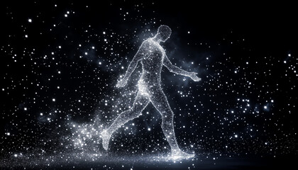 Fototapeta premium Digital glowing silhouette of walking man made of stardust and cosmic particles in futuristic space-inspired artwork