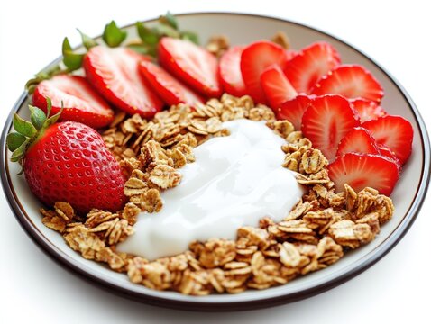 Delicious bowl of granola with fresh strawberries and smooth yogurt perfectly blended for a nutritious breakfast delight