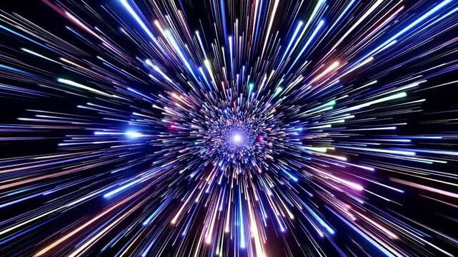 Dynamic, colorful light streaks radiate from a central point, creating a warp-speed effect. Captured from a frontal angle, ideal for a sci-fi video theme. Live desktop wallpaper.