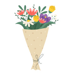 Spring floral bouquet. Cute wrapped flowers in minimalist style. Botanical gift for holidays, birthday, wedding and celebration. Flat vector illustration.