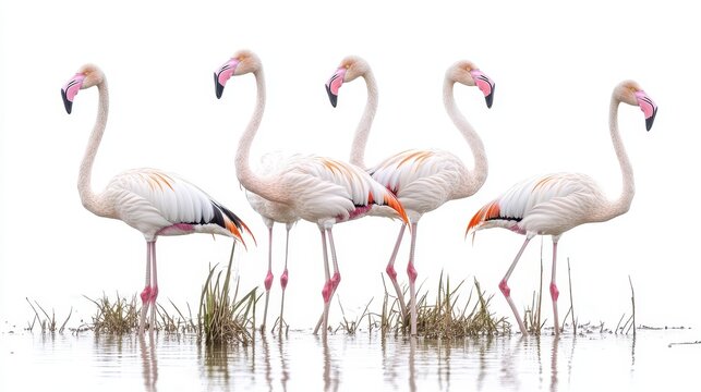 A group of flamingos standing in a pond, with their vibrant pink feathers and elegant necks, on a white isolated background