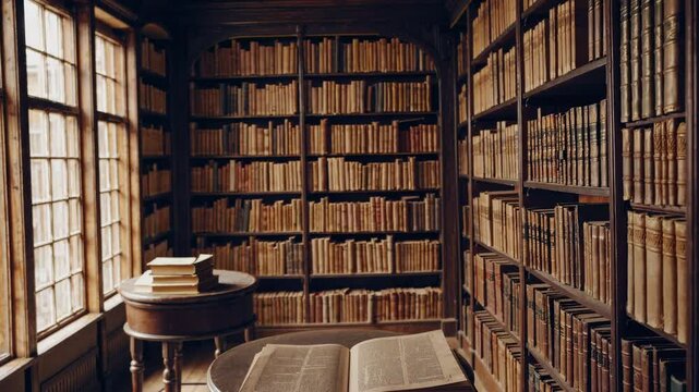 Sunlight illuminates an antique library room, revealing towering bookshelves filled with ancient texts, as a large book gracefully opens on a small round table