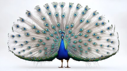 A proud peacock displaying its stunning feathers, showcasing its bright blue and green colors, on a white isolated background © KASUEMA SALAE