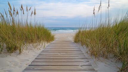 Fototapeta premium Wooden boardwalk path through beach dunes leading to ocean.