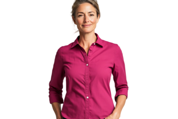 A 55 year old White woman wearing a dark pink shirt, standing against a isolated on transparent background
