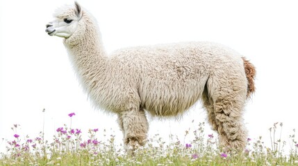 Obraz premium A fluffy white alpaca standing in a field of flowers, with its long fur flowing in the wind, on a white isolated background