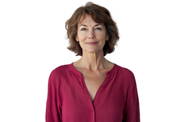 A 55 year old White woman wearing a dark pink shirt, standing against a isolated on transparent background