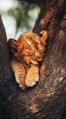 A cozy lion cub nestles comfortably in a tree hollow. Its soft fur glistens in sunlight. The image captures a moment of peaceful tranquility. Generative AI