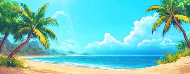 Tropical beach paradise, sunny sky, ocean view, idyllic background; website banner