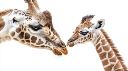 Naklejka premium A baby giraffe standing next to its mother, looking around with curiosity, on a white isolated background