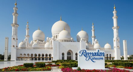 A stunning mosque set against a clear blue sky with multiple domes including a large central dome and two tall minarets there is a sign with the text Ramadan Kareem written in blue elegant font