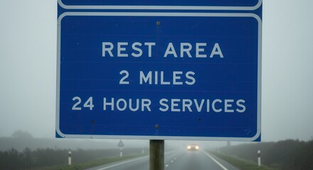Fototapeta premium Driving Towards Rest Area Sign on Foggy Road with Car
