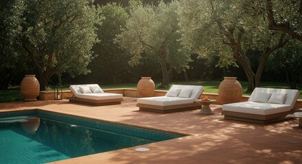 Obraz premium Relaxing Poolside with Loungers and Olive Trees for a Luxury Vacation