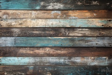 Rustic wooden planks with weathered paint in teal, brown, and beige tones.