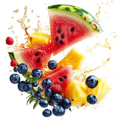 Fresh Watermelon Blueberries and Pineapple Scattering with Fruit and Watermelon Splash Isolated on Transparent Background