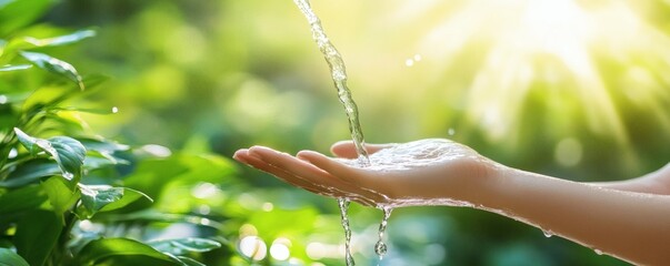 Person gently holds clean water from a flowing natural source