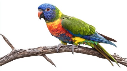 Naklejka premium A colorful parrot perched on a tree branch, with its bright green, blue, and red feathers standing out, on a white isolated background