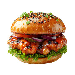 Korean Fried Chicken Burger with Lettuce Isolated on Transparent Background