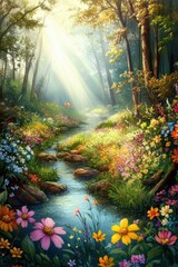 Beautiful colorful wild flowers in deep foggy forest with sun light in Spring.