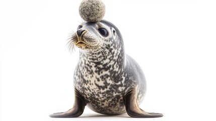 Fototapeta premium A young seal balancing a ball on its nose, with a playful expression, on a white isolated background