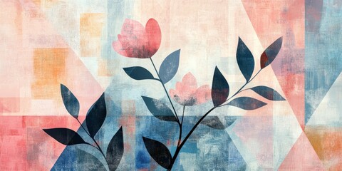 Floral geometry canvas, textured pastel shapes with blossoming pink flora
