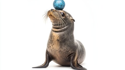 Fototapeta premium A young seal balancing a ball on its nose, with a playful expression, on a white isolated background