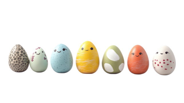 Pebble Pals ? Little, rock-like creatures with smooth, rounded bodies, painting themselves to look like Easter eggs on a white background --ar 16:9