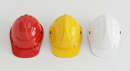 Three construction helmets in red, yellow, and white arranged on a clean background, symbolizing safety.