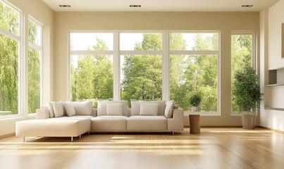 Fototapeta premium Modern Minimalist Living Room with Beige Tones and Large Windows