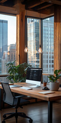 Fototapeta premium Modern workspace captures the beauty of urban life with natural light streaming through large windows at sunset