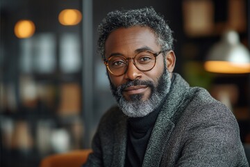 Man with gray beard and glasses smiles warmly while sitting in a cozy cafe