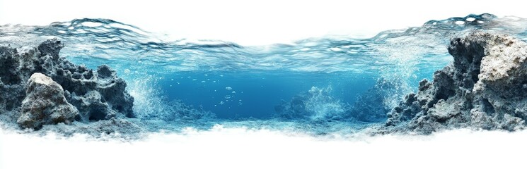 Tranquil Underwater Depths Blue Hues, Rocky Formations, Marine Life in Surreal Composition Serene Undersea Scene with Scattered Bubbles and Sandy Seafloor