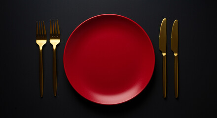 Minimalist dining setup with a red plate and gold cutlery on a dark background.