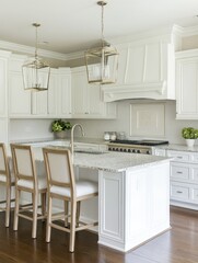 A bright and modern kitchen design with white cabinets and bar stools