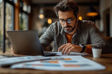 Focused man analyzing business reports and working on a laptop at a cozy workspace