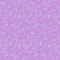 seamless floral pattern with cat , bird and bow