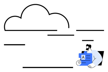 Minimalist cloud design with a person holding documents symbolizes digital file storage. Ideal for data backup, file sharing, collaboration, technology, innovation, efficiency, flat simple metaphor