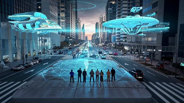 futuristic sci fi city with people and ufo digital alien spaceship cyber skyline  