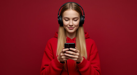 Happy young woman in a red sweater looking at her smartphone with a joyful expression.