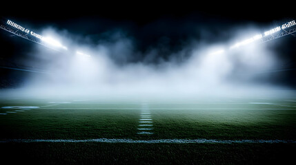 Foggy Football Field At Night With Bright Lights