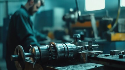 Fototapeta premium Close-up of metal part on lathe in industrial workshop with blurred technician.