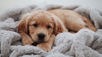 A beautiful golden retriever puppy lying on a soft blanket, looking playful and happy, on a white isolated background