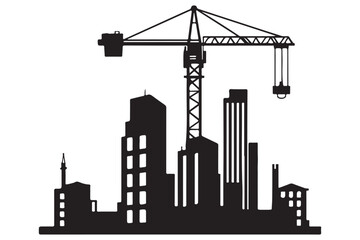 Obraz premium Detailed Cityscape Construction Silhouette Illustration with Crane and Buildings