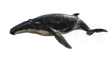 A large, majestic whale breaching the ocean surface, with water splashing around it, on a white isolated background