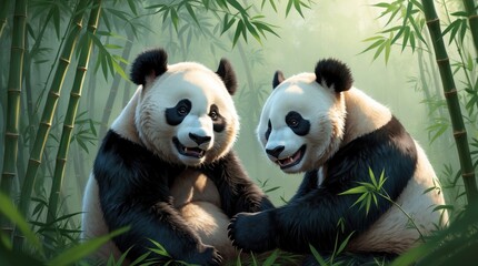 Obraz premium Two Adorable Pandas in a Bamboo Forest, Wildlife Photography, Nature Scene, Animal Friendship,
