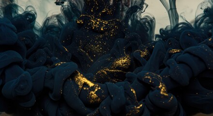 Obraz premium Dark Ink Cloud with Gold Particles Flowing and Swirling Together